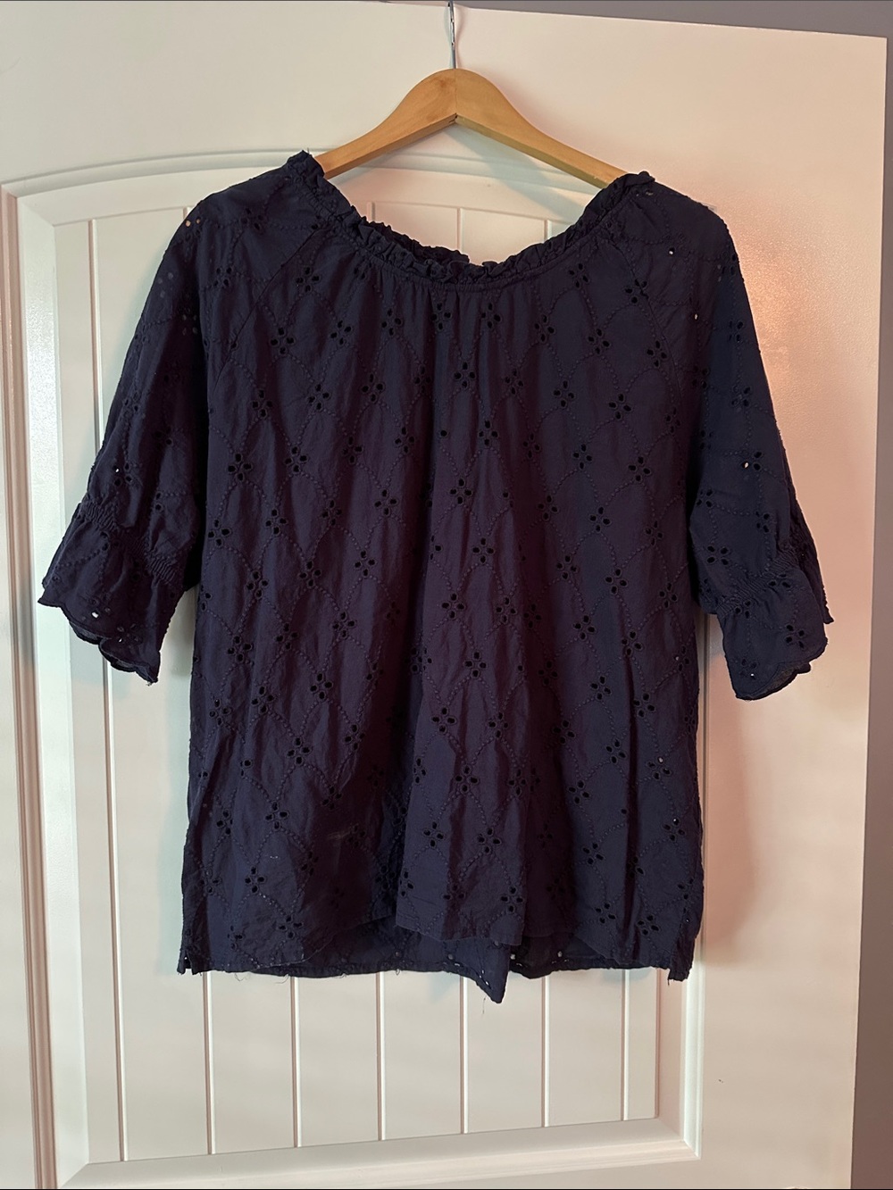 Architect Navy Eyelet Ruffled Sleeve Blouse